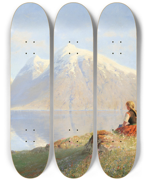 Triptych art skateboard deck of Hans Dahl Summer In The Fjords by Hans Dahl (1849-1937)