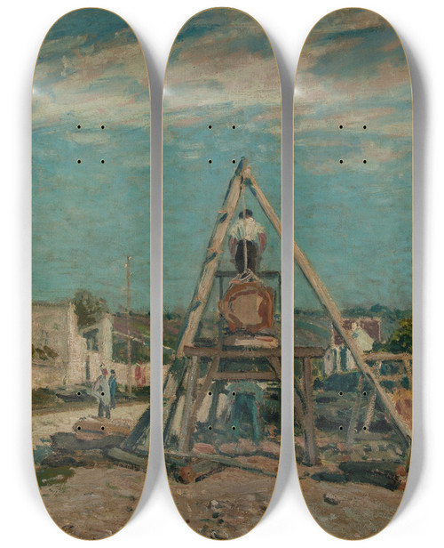 Triptych art skateboard deck of Alfred Sisley Les Scieurs De Long by Alfred Sisley (1840-1899)