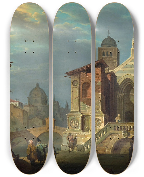 Triptych art skateboard deck of Giovanni Migliara Venetian Capricci With Church And Figures by Giovanni Migliara (1785-1837)