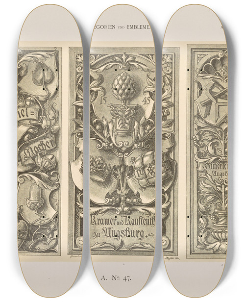Triptych art skateboard deck of Albert Ilg Allegorien Und Embleme Vol Ii Pl053 by Albert Ilg (1847-1896)