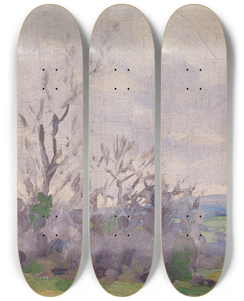 Triptych art skateboard deck of Michael Healy A Landscape by Michael Healy (1873-1941)