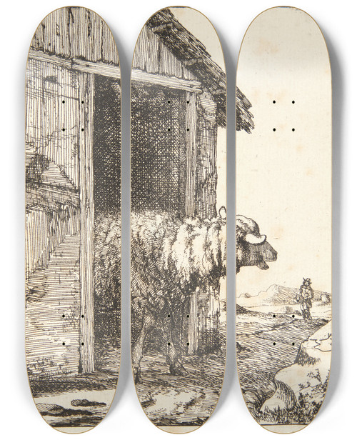 Triptych art skateboard deck of Marcus De Bye Fr P Vej Ud Af En Stald by Marcus de Bye (1638-1688)