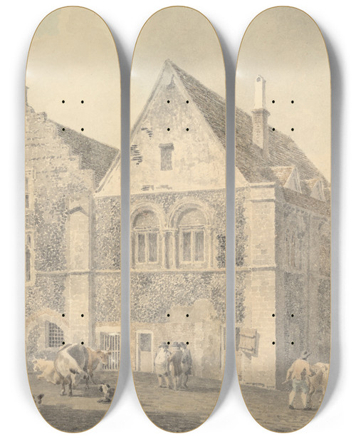 Triptych art skateboard deck of Michael Angelo Rooker The Market Square Bury St Edmunds by Michael Angelo Rooker (1746-1801)
