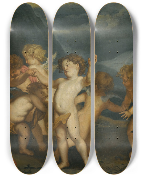 Triptych art skateboard deck of Follower Of Anthony Van Dyck Putti In A Landscape by Follower Of Anthony Van Dyck (1599-1641)