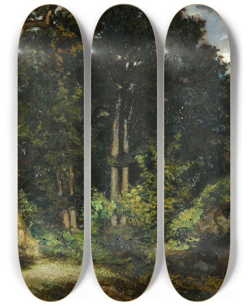 Triptych art skateboard deck of Antoinelouis Barye View Of Fontainebleau Forest by Antoine-Louis Barye (1796-1875)