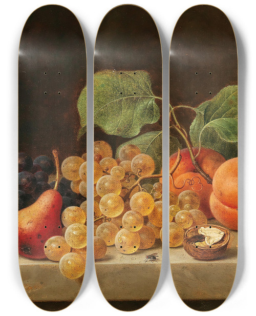 Triptych art skateboard deck of Emilie Preyer Still Life With Grapes Peaches A Pear And Nuts by Emilie Preyer (1849-1930)