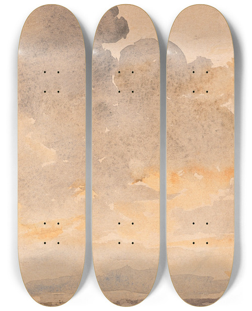 Triptych art skateboard deck of Albert Anker Wolkiger Abendhimmel Ber Hgelkette by Albert Anker (1831-1910)