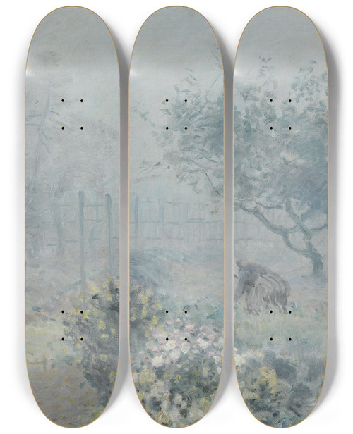 Triptych art skateboard deck of Alfred Sisley Fog Voisins by Alfred Sisley (1840-1899)