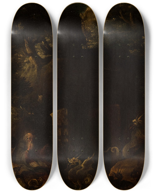 Triptych art skateboard deck of Jan Brueghel The Elder The Temptation Of St Anthony by Jan Brueghel The Elder (1568-1625)