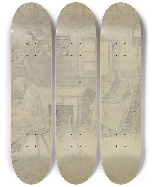 Triptych art skateboard deck of Jakob Frchtegott Dielmann Bauernstube Links Sitzt Der Schuster An Der Arbeit Rechts Am Fenster Die Frau Mit Dem Kind by Jakob Furchtegott Dielmann (1809-1885)