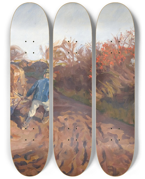 Triptych art skateboard deck of Peter Hansen The Ploughman Turns by Peter Hansen (1868-1928)