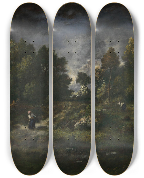 Triptych art skateboard deck of Narcissevirgile Diaz De La Pea Faggot Gatherers In A Wooden Landscape by Narcisse-Virgile Diaz de La Pea (1808-1876)