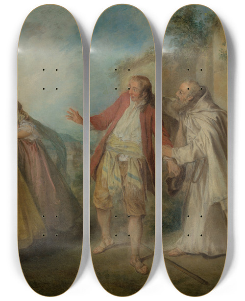 Triptych art skateboard deck of Nicolas Lancret Brother Philippes Geese by Nicolas Lancret (1690-1743)