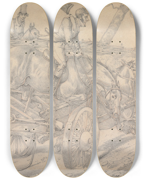 Triptych art skateboard deck of Henry Thomas Alken Sporting Notions This Gives Me A Notion Its Better To Look Before You Leap by Henry Thomas Alken (1785-1851)