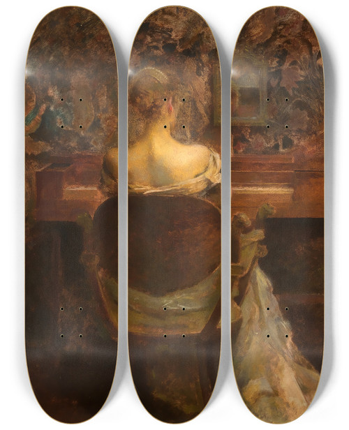 Triptych art skateboard deck of Thomas Wilmer Dewing The Spinet_2 by Thomas Wilmer Dewing (1851-1938)