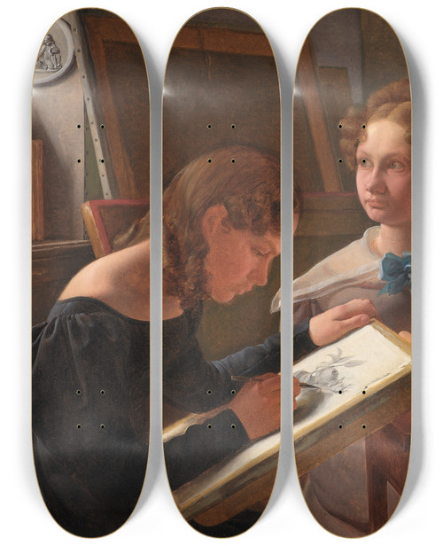 Triptych art skateboard deck of Constantin Hansen Three Young Girls The Artists Sisters Alvilde Ida And Henriette by Constantin Hansen (1804-1880)