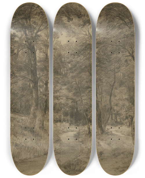 Triptych art skateboard deck of Adolf Hoeffler Forest Path by Adolf Hoeffler (1825-1898)