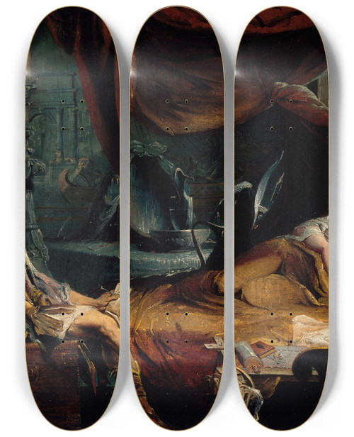 Triptych art skateboard deck of James Barry Iachimo Emerging From The Chest In Imogens Chamber by James Barry (1741-1806)