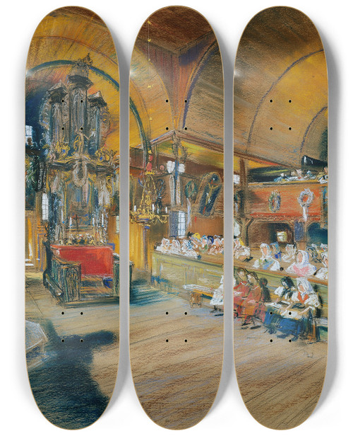 Triptych art skateboard deck of Ludwig Michalek Inneres Einer Dorfkirche by Ludwig Michalek (1859-1942)