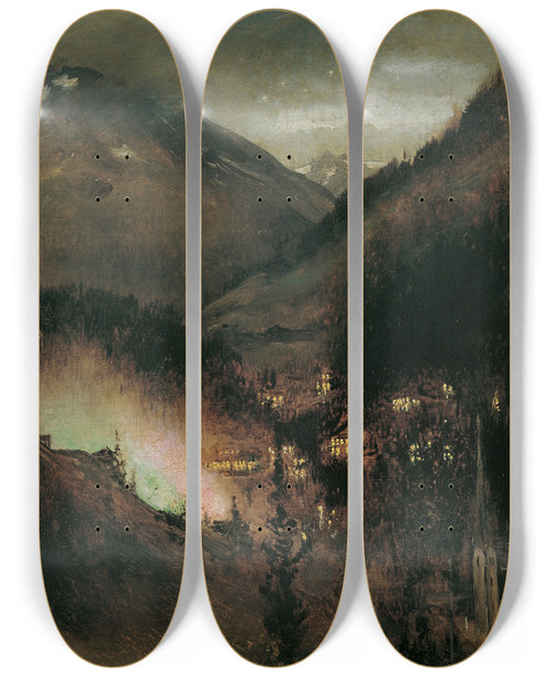 Triptych art skateboard deck of Anton Romako Wildbad Gastein Am Abend Bei Bengalischer Beleuchtung by Anton Romako (1832-1889)