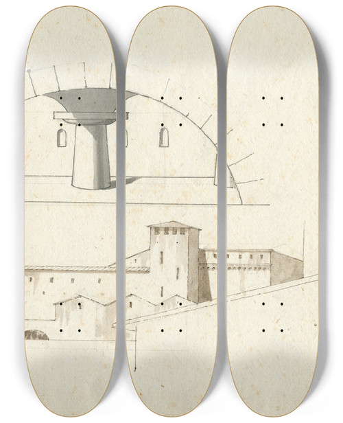 Triptych art skateboard deck of David Humbert De Superville Gewelf En Bebouwing by David Humbert De Superville (1770-1849)