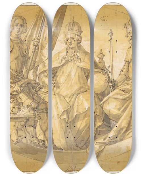 Triptych art skateboard deck of Friedrich Sustris Udkast Til Et Ovalt Loftsmaleri Forestillende Kongerne Otto Den Store 912973 Ludvig Den Rige 14171479 Og Ruprecht 13521410 by Friedrich Sustris (1540-1599)