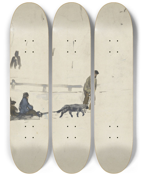 Triptych art skateboard deck of Adolf Le Comte Slede Met Twee Kinderen Getrokken Door Een Man Met Hond by Adolf Le Comte (1850-1921)