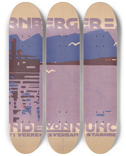 Triptych art skateboard deck of Ludwig Hohlwein Starnbergersee Stunde Von Mnchen by Ludwig Hohlwein (1874-1949)