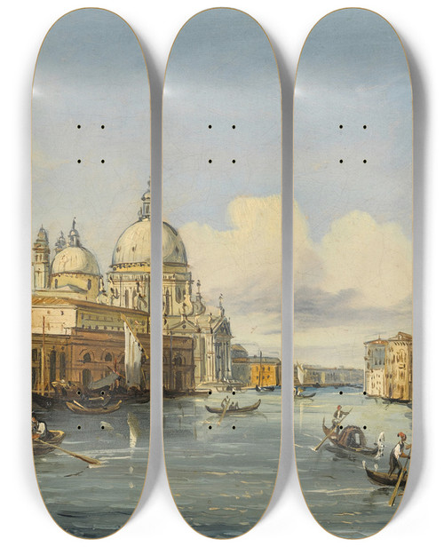 Triptych art skateboard deck of Carlo Grubacs Venetian View Iv by Carlo Grubacs (1812-1870)