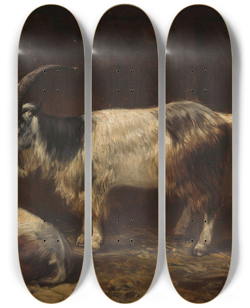 Triptych art skateboard deck of Adolph Tidemand Two Goats by Adolph Tidemand (1814-1876)