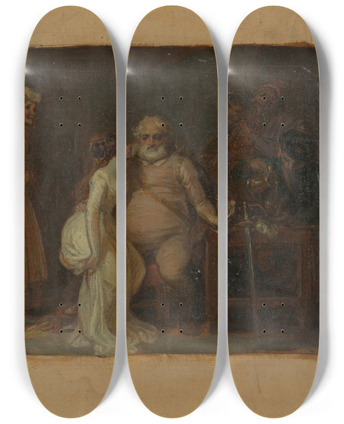Triptych art skateboard deck of Robert Smirke Falstaff In The Boars Head by Robert Smirke (1752-1845)