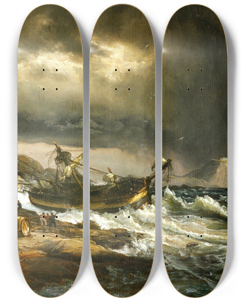 Triptych art skateboard deck of Johan Christian Dahl Shipwrech by Johan Christian Dahl (1788-1857)