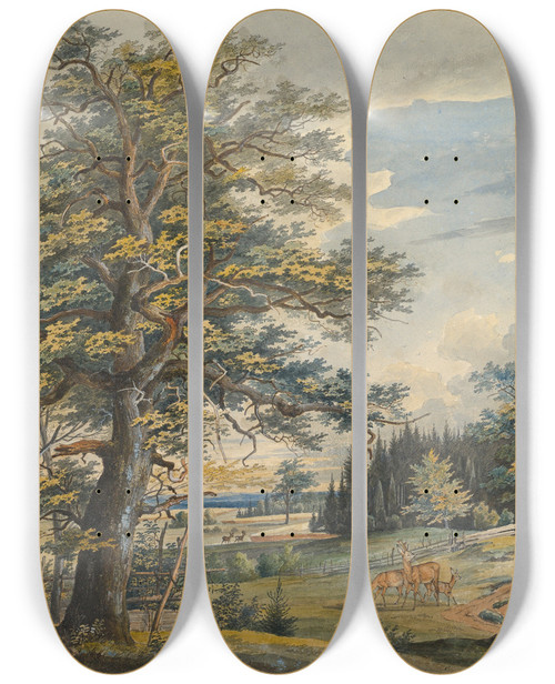 Triptych art skateboard deck of Carl August Lebschee Wooded Landscape With Stag by Carl August Lebschee (1800-1877)