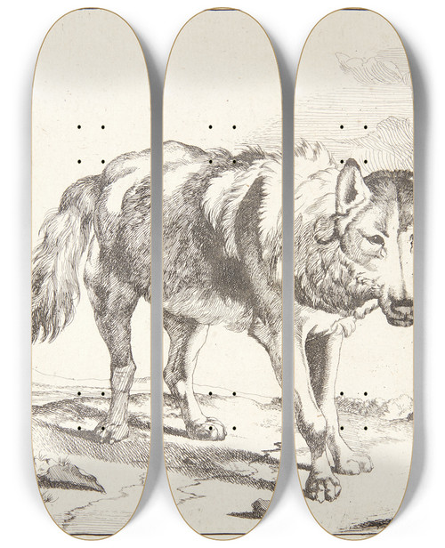 Triptych art skateboard deck of Marcus De Bye Stende Ulv Vendt Trekvart Mod Hjre by Marcus de Bye (1638-1688)
