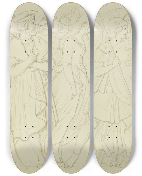 Triptych art skateboard deck of Ludwig Michael Schwanthaler Erster Entwurf Zu Den Vier Reliefs Am Goethemonument_2 by Ludwig Michael Schwanthaler (1802-1848)