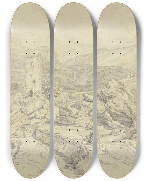 Triptych art skateboard deck of Friedrich Metz Gebirgslandschaft Bei Meisingen by Friedrich Metz (1820-1901)