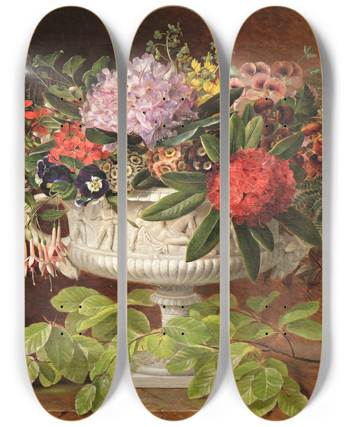Triptych art skateboard deck of Johan Laurentz Jensen Flowers In A Centrepiece On A Marble Windowsill With A Beech Branch by Johan Laurentz Jensen 2 (1800-1856)