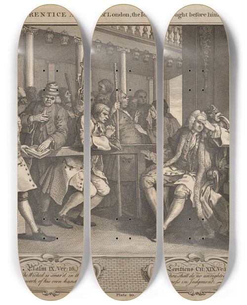 Triptych art skateboard deck of William Hogarth Plate 10 The Industrious Prentice Alderman Of London The Idle One Brought Before Him Impeachd By His Accomplice by William Hogarth (1697-1764)
