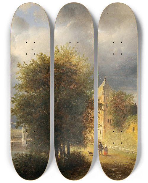 Triptych art skateboard deck of Georg Gillis Van Haanen Storm Clouds Over A Dutch Town by Georg Gillis Van Haanen (1807-1879)