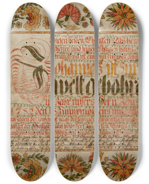 Triptych art skateboard deck of Johann Heinrich Otto Birth And Baptismal Certificate by Johann Heinrich Otto (1733-1800)