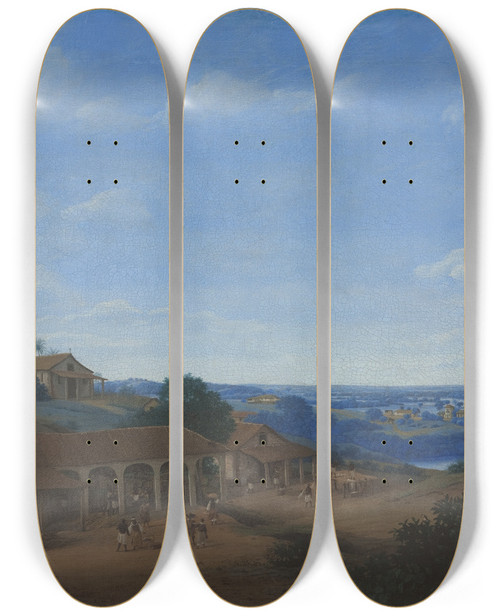 Triptych art skateboard deck of Frans Post Landscape In Brazil With Sugar Plantation by Frans Post (1612-1680)