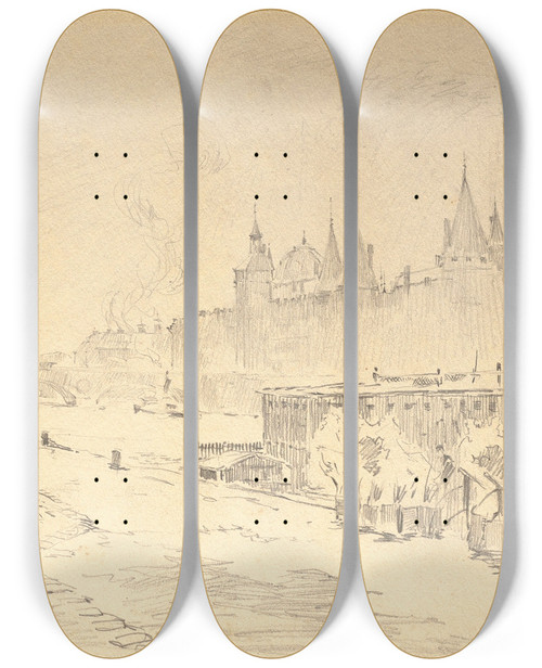Triptych art skateboard deck of Rn Leverd Le Palais De Justice De Paris by Rene Leverd