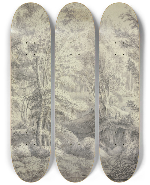 Triptych art skateboard deck of Antonie Waterloo Sumpfige Waldpartie Im Vordergrund Wasser An Dessen Uferbschung Fnf Figuren Sich Aufhalten by Antonie Waterloo (1609-1690)