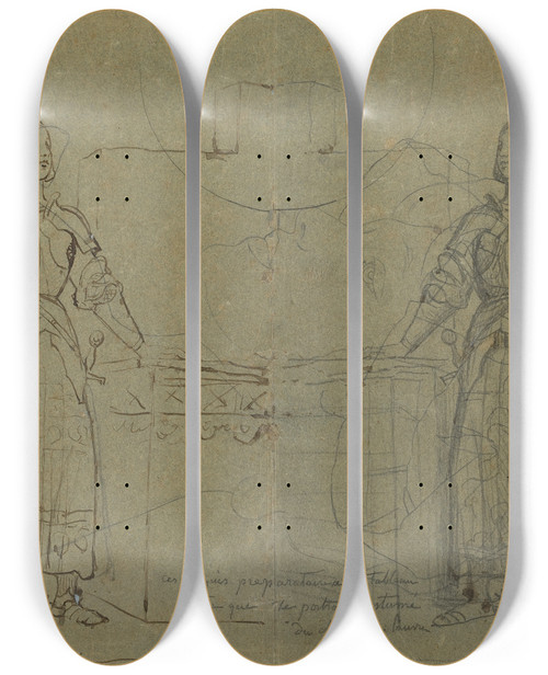 Triptych art skateboard deck of Jean Auguste Dominique Ingres Joan Of Arc Standing At The Altar At Reims Cathedral by Jean Auguste Dominique Ingres (1780-1867)