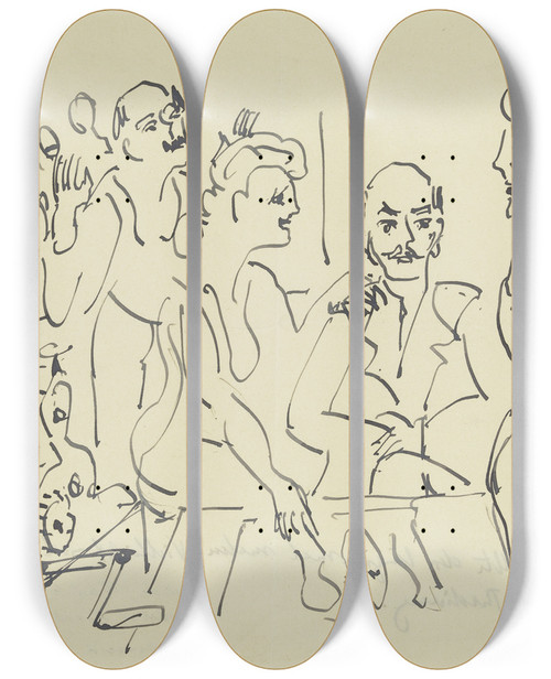 Triptych art skateboard deck of Ernst Ludwig Kirchner Emil Nolde Ada Nolde Erich Heckel Und Ernst Ludwig Kirchner Bei Der Vorbereitung Eines Holzschnittes by Ernst Ludwig Kirchner (1880-1938)