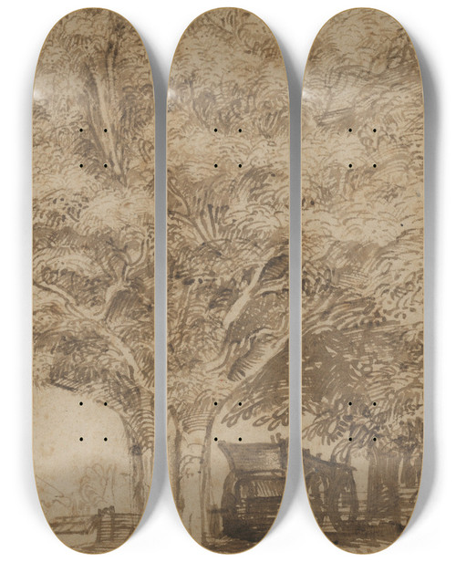Triptych art skateboard deck of Jan Lievens A Haywain Under Trees With Farm Buildings To The Right And Beyond At Left by Jan Lievens (1607-1674)