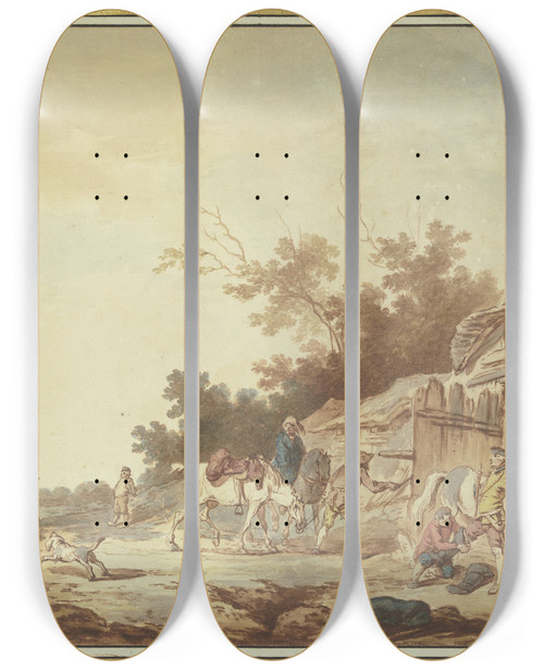 Triptych art skateboard deck of Francesco Giuseppe Casanova Ein Reisender Dem Die Reitstiefel Angezogen Werden Steht Mit Seinen Pferden Bei Einer Trnke Vor Einem Stall Von Links Kommen Zwei Reiter Auf Die Trnke Zu by Francesco Giuseppe Casanova (1727-1803)