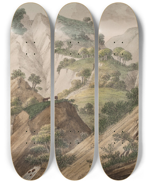 Triptych art skateboard deck of Sren L Lange En Udsigt Af Mns Kridtbjerge by Soren L Lange (1760-1828)