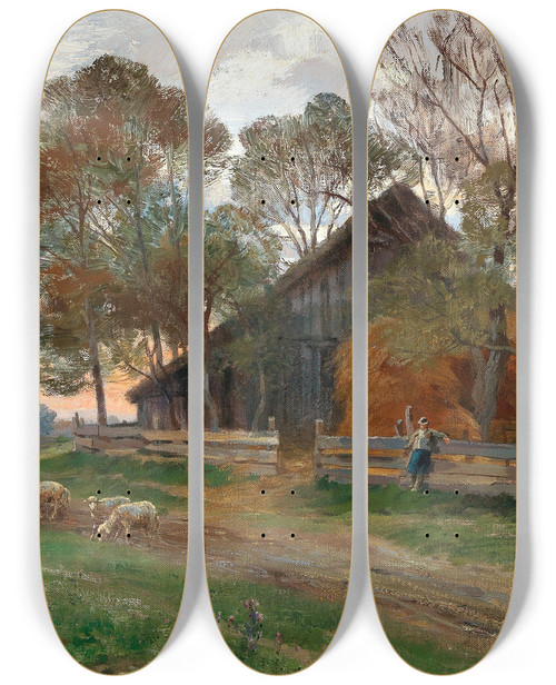 Triptych art skateboard deck of Hugo Darnaut Motif Of Plankenberg by Hugo Darnaut (1850-1937)
