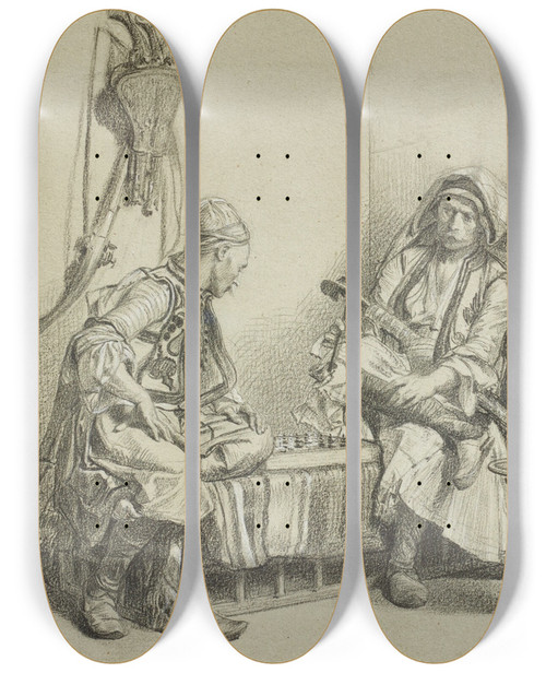Triptych art skateboard deck of Alexandre Bida The Chess Players by Alexandre Bida (1823-1895)